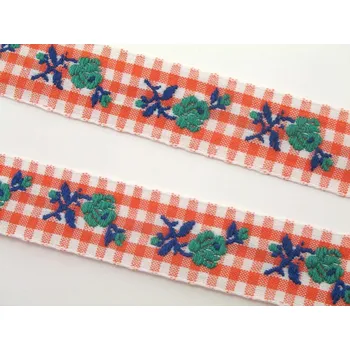 Stuha Vzorovaná kostičkovaná stuha s kytičkami - červená. bílá, modrá, zelená - šíře 2,2 cm