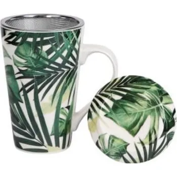 Porcelánový hrnek s víčkem a kov. sítkem listy pokojových květin - 450 ml