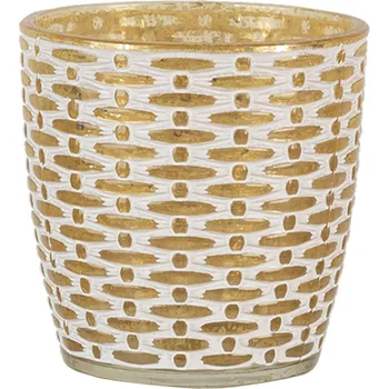 Svícen Zlatý skleněný svícen s bílým vzorem M - Ø 9*9 cm