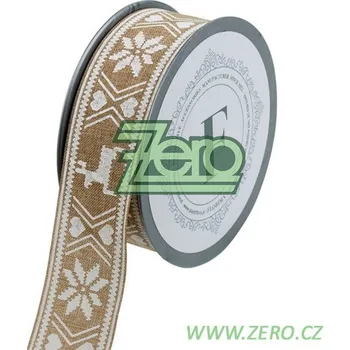 Stuha Stuha tkaná 4 cm x 5 m - tm. přírodní s bílým tiskem (Vánoce)