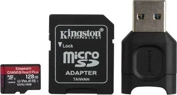Paměťová karta Kingston Canvas React Plus MicroSDXC 128 GB UHS-II U3 (MLPMR2/128GB) + adaptér + čtečka