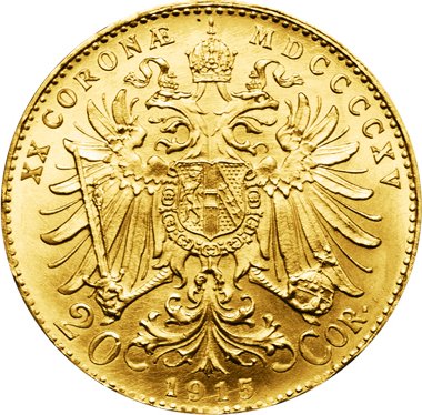 Zlatá investiční mince Dvacetikoruna Františka Josefa I. 1915 (novoražba)