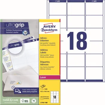 Samolepící etiketa Avery Zweckform L7161-100 Adresní etikety 63,5x46,6 mm, 1800 ks, bílé + online software pro tisk etiket + tisková šablona ke stažení zdarma