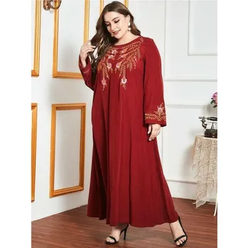Dámské šaty Orientální dlouhé červené Abaya šaty s výšivkou - M