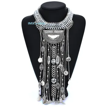 Náhrdelník Tribal Boho extra dlouhý náhrdelník v retro stylu s penízky - Stříbrná