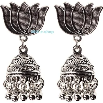 Náušnice Náušnice Bollywood Lotos s patinou a zvonkem č.BW02 - Stříbrná