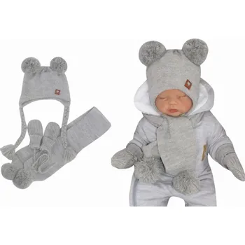 Čepice Z&Z Pletená čepice s bambulemi, šálou a rukavičky 3v1, šedá vel. 68/74 Velikost koj. oblečení: 68-74 (6-9m)