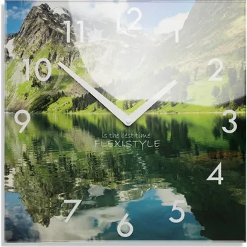 Hodiny Dekorační skleněné hodiny 30 cm s motivem horského jezera