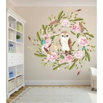 Samolepící dekorace Moderní nálepka na zeď pivoňkový věnec se sovou 120 x 240 cm