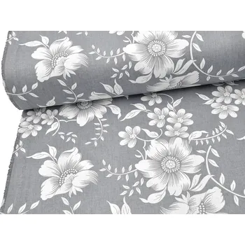 Mirtex Plátno DOMESTINO 120/22220-3 Bílé květy na šedé šíře 160cm