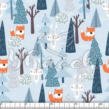 Zakázkový tisk, softshell, kočárkovina... Liška a zajíc v lese na modré Látky k tisku: Microfirba