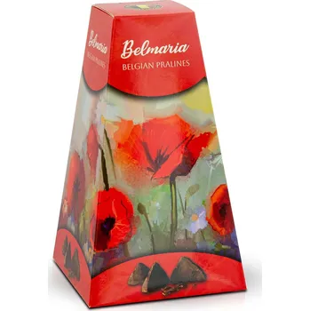 Bonboniéra Selllot, s.r.o., K Hájům 34, 155 00 Praha 5 - Vyrobeno v Belgii Vlčí máky - belgické pralinky z mléčné čokolády s čokoládovou náplní (věž) 200 g