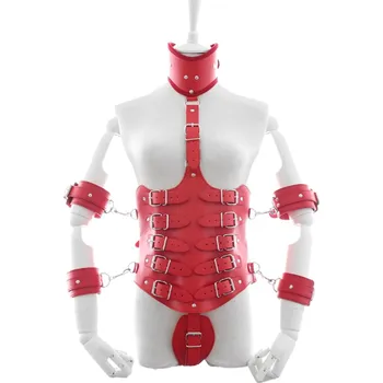 Červený bondage set, pouta na ruce a hlavu – kazajka