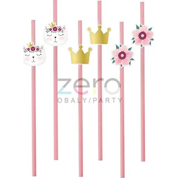 Jednorázové nádobí Brčko papírové 'kočka s korunkou' pr. 6 mm, 200 mm (6 ks) - mix