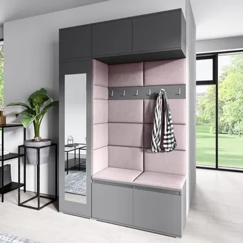 Předsíňová stěna Eka Předsíňová stěna s čalouněnými panely Trinity 21 - Grafit / Světlá růžová 2319