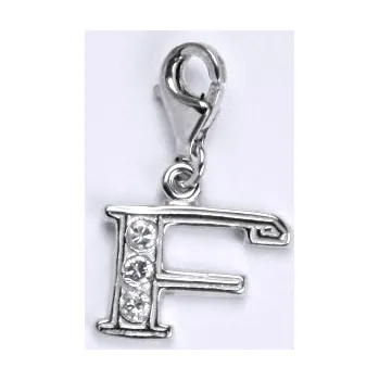Přívěsek Stříbrný přívěsek na karabině , písmeno F - P1106 kar. (Stříbrné písmeno se zirkony s karabinou )