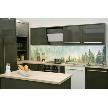 Fototapeta DIMEX | Fototapeta do kuchyně Mlha nad lesem KI-260-141 | 260 x 60 cm | zelená, šedá + Samolepicí fototapeta za kuchyňskou linku DIMEX Mlha nad lesem v šíři 260 cm