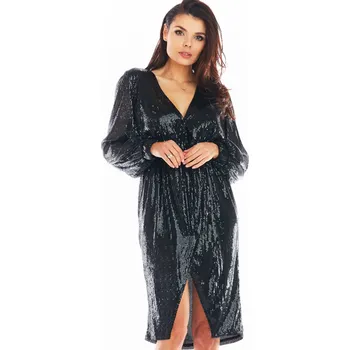 Dámské šaty Flitrové midi šaty s výstřihem a rozparkem A399 Barva: Černá, Velikost: M