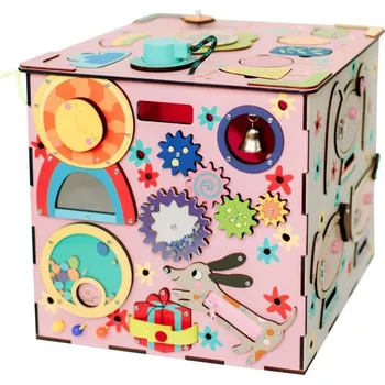 Dřevěná hračka eliNeli Activity board kostka XXL s LED - růžová