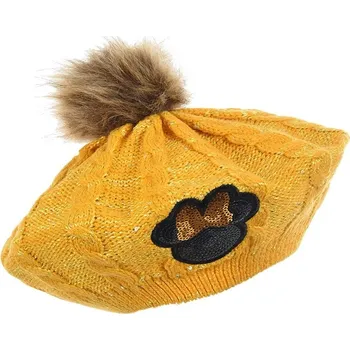 Čepice Hořčicový třpytivý baret Minnie s bambulkou Velikost: 54