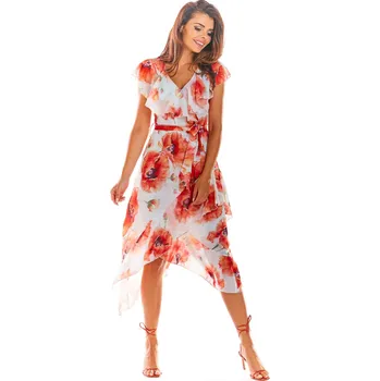 Dámské šaty Elegantní šaty s květinami a volánky A308 Barva: Červená, Velikost: L