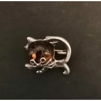 Brož Kočka - brož s jantarem - stříbrná brož