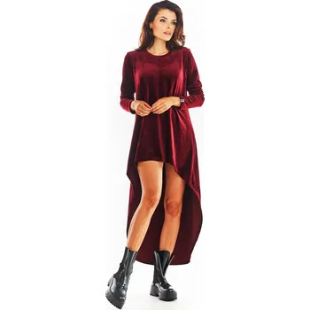 Dámské šaty Asymetrické velurové šaty s delším zadním dílem A379 Barva: Vínová, Velikost: M
