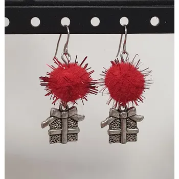 Náušnice Vánoční náušnice s bambulkami - červená/dárečk