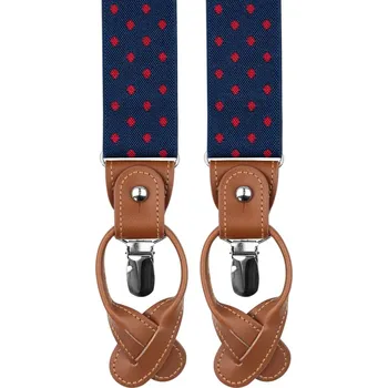 Kšandy Bubibubi Tmavomodré pánské kšandy s červenými puntíky a hnědými poutky