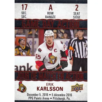 Sběratelská karetní hra insert karta ERIK KARLSSON 17-18 Tim Hortons Game Day Action číslo GDA-2
