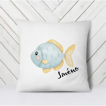 Dekorativní polštářek Domovi Bílý polštář s vlastním jménem Ryba modrá 40x40
