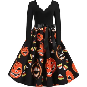 Dámské šaty Šaty se vzorovanou sukni a vlnitým výstřihem Velikost: M, Barva (Varianta): Halloween 002