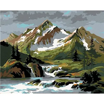 Malování podle čísel - Tekoucí potok pod horou, 50x40 cm, bez rámu a bez vypnutí plátna