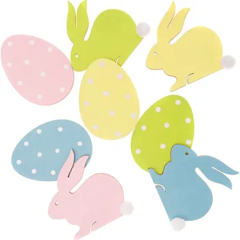 Velikonoční dekorace DP Craft Zajíčci a vajíčka ze dřeva 7cm 8ks pastelové barvy