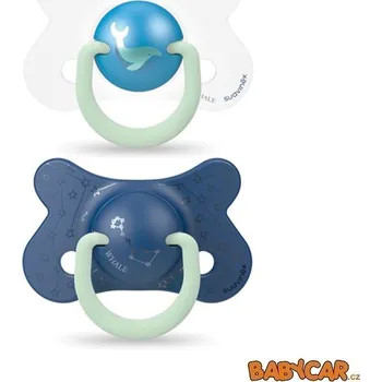 dudlíky SUAVINÉX silikonový dudlík FYZIOLOGICKÝ DEN&NOC +18m, 2ks Velryba/Modrá