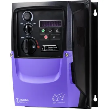 Elektromotor Invertek Optidrive E3, frekvenční měnič, vstup 3 x 400 VAC / výstup 3f, IP 66, 0.37 kW, potenciometr, START/STOP, hlavní vypínač, LED displej (Invertek Drives Ltd.)