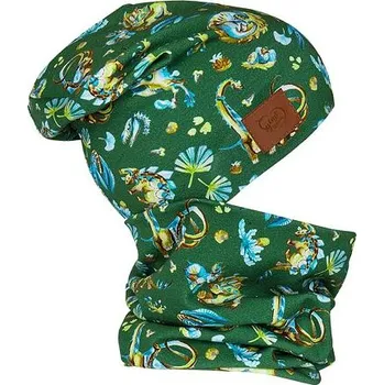 Čepice Dětský set čepice a nákrčníku Šijeme srdcem Dinosauři zelený obvod hlavy 42-45 cm
