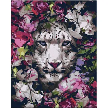 Malování podle čísel - Bílý tygr v květinách - 40x50 cm, bez dřevěného rámu - CZ výroba