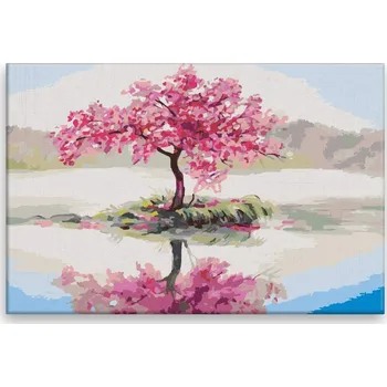 Malování podle čísel - Osamocená rozkvetlá třešeň - 60x40 cm, bez dřevěného rámu - CZ výroba