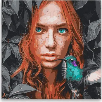 Malování podle čísel - Zrzavá s kolibříkem - 40x40 cm, bez dřevěného rámu - CZ výroba