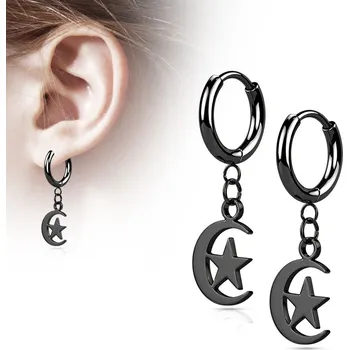Náušnice Černé ocelové náušnice - měsíc s hvězdou