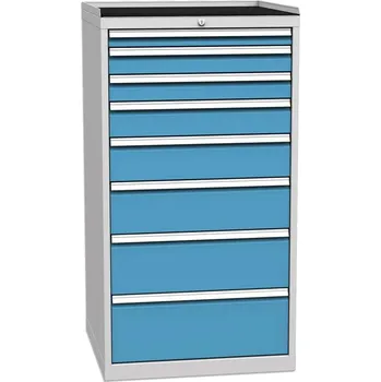 Zásuvková dílenská skříňka, 8 x zásuvka, v x š x h: 1350 x 720 x 700 mm, barva šedá RAL7035/ modrá RAL5012