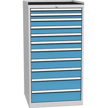 Zásuvková dílenská skříňka, 11 x zásuvka, v x š x h: 1350 x 720 x 700 mm, barva šedá RAL7035/ modrá RAL5012