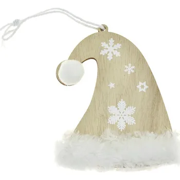 Vánoční ozdoba FloraSystem Závěsná vánoční dřevěná dekorace, čepice s umělým plyšem, natural