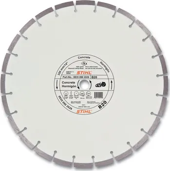 Řezný kotouč Diamantový rozbrušovací kotouč, beton D-B20 350, STIHL (08350907054) (Diamantový kotouč výkonové třídy B20 (vyšší životnost oproti B10) k oddělení betonu, pálených cihel, vymývaného betonu a silně proarmovaného betonu. Vhodné také pro železobeton a běžné)