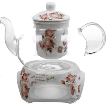 Filtrační konvice DUO Gifts DG - Skleněná konvice s ohřívačem na čajovou svíčku SECESJA, růže v dárkové krabičce - 1000 ml