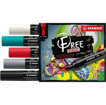 Akrylový popisovač STABILO FREE Acrylic T800C Klínový hrot 4-10 mm - Bold, sada 5 ks