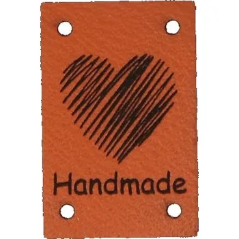 Nášivka Štítek eko kůže SRDCE - HANDMADE 30 x 20 mm, barva Hnědá