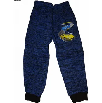 Chlapecké modré zateplené tepláky s žlutým a modrým autem 128