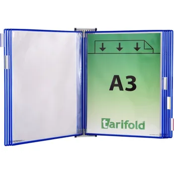 Nástěnný kovový držák s rámečky Tarifold, 10 rámečků s kapsami A3 na výšku, modré